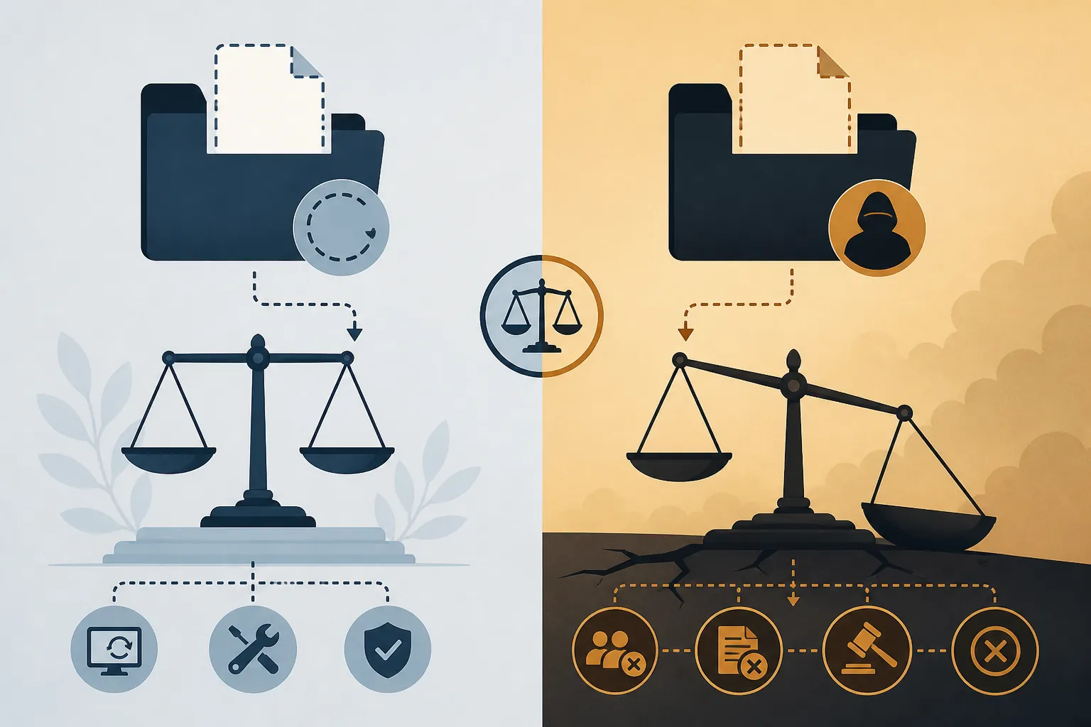 Contrasting scales illustrating prejudice-based remedies and sanctions requiring intent to deprive