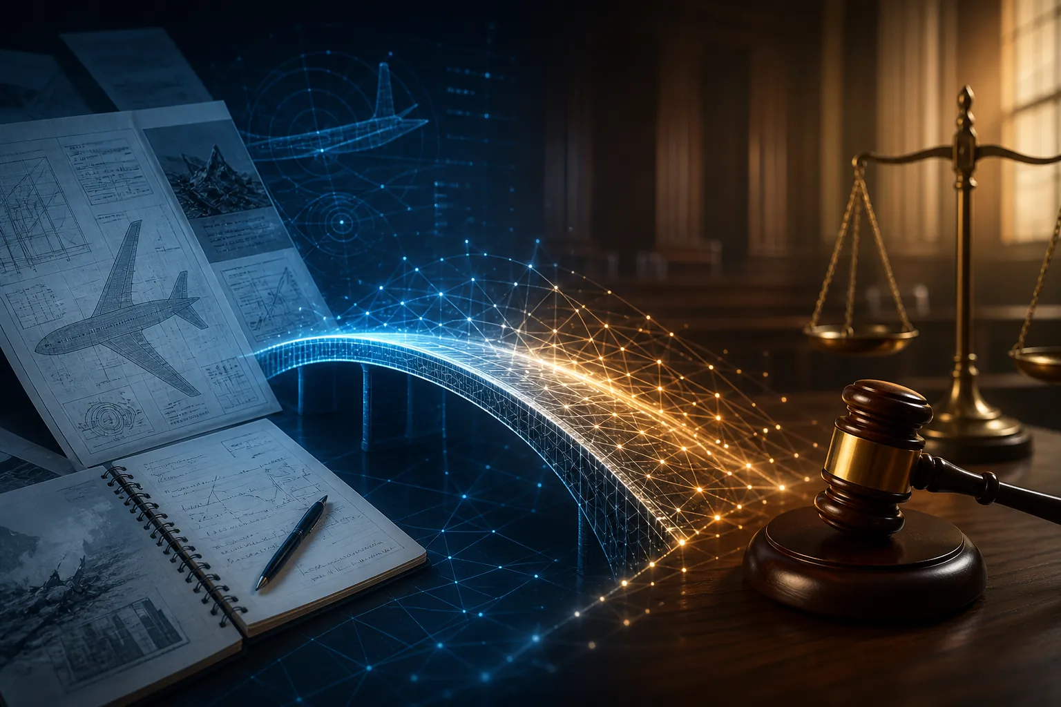 Abstract aviation investigation report connected to a courtroom by a glowing evidentiary bridge