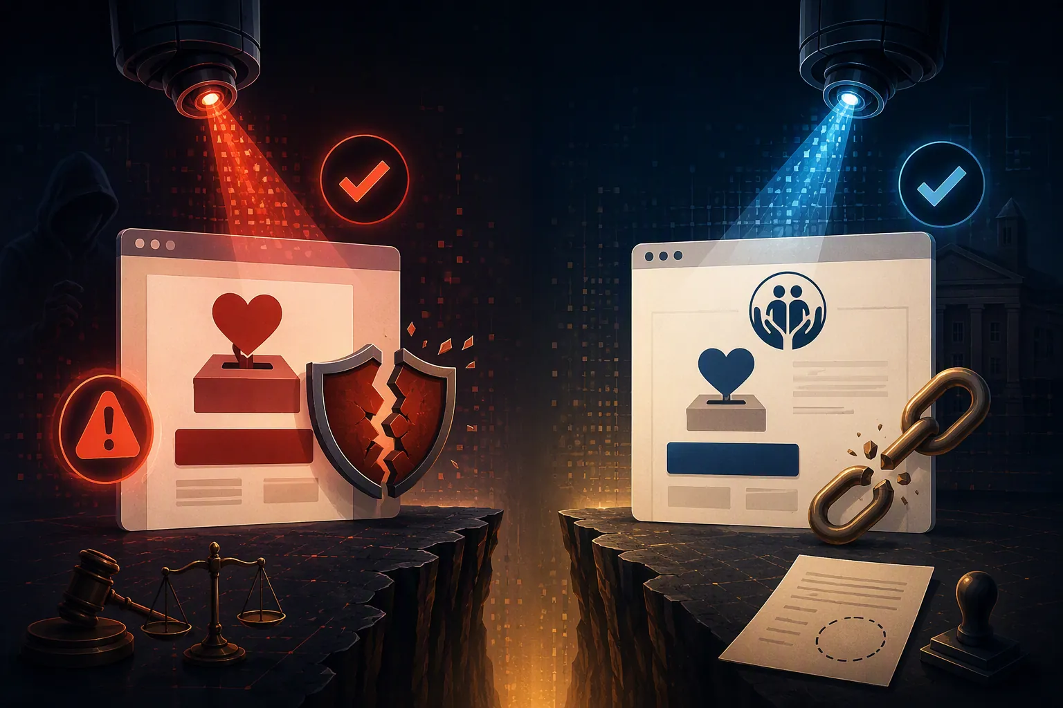 Comparison of a fraud-detected charity page and a clean-looking page missing charity consent