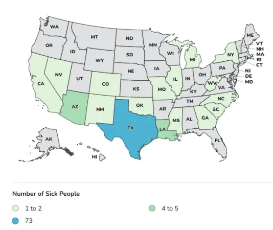 CDC case count map showing confirmed Salmonella Enteritidis illnesses by state in the July 2026 egg outbreak investigation