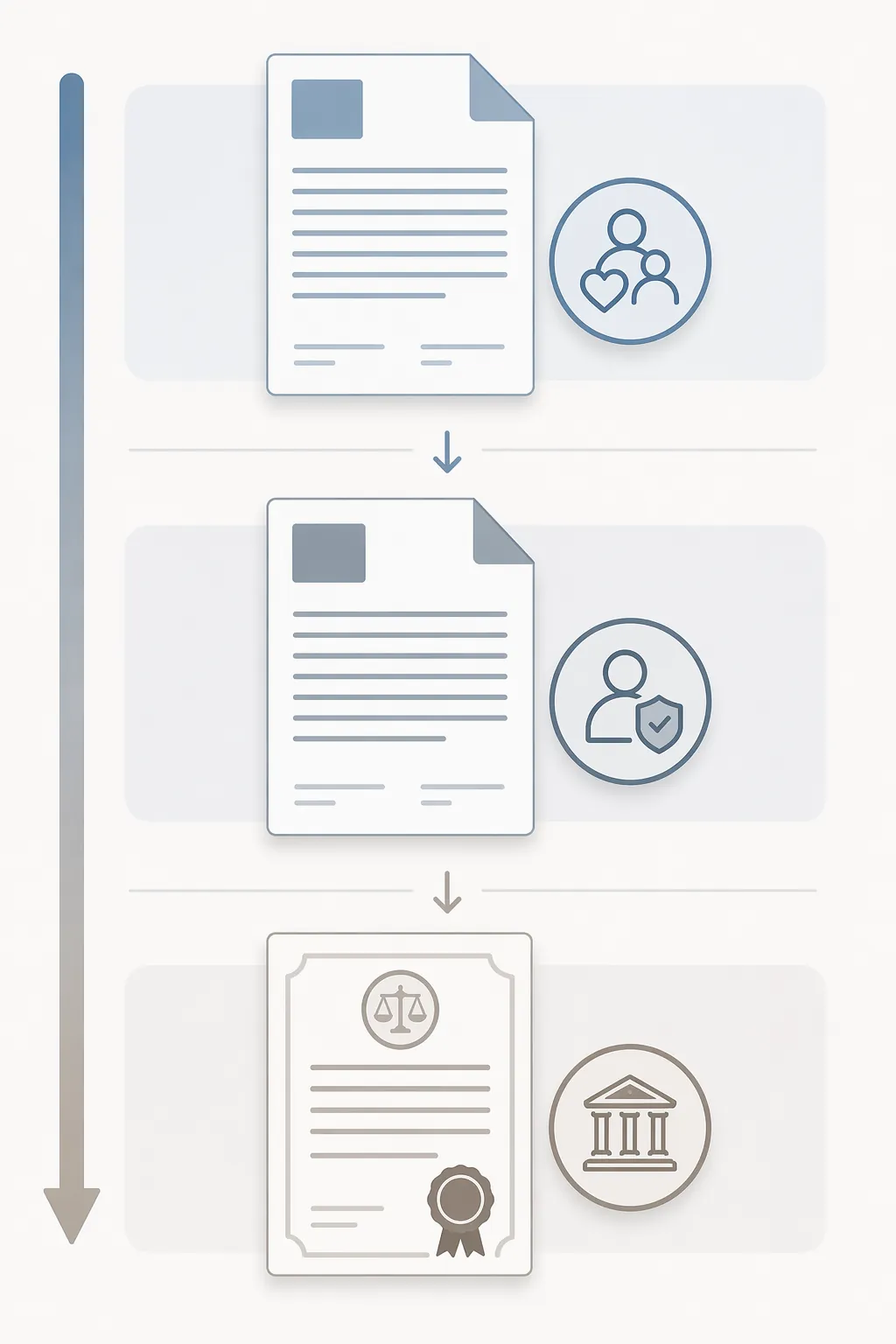 Three legal document icons representing caregiver authorization, temporary agent authorization, and guardianship
