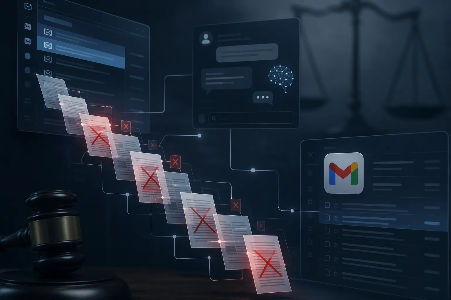Digital document trail with delete markers across email, Gmail, and AI chat interfaces