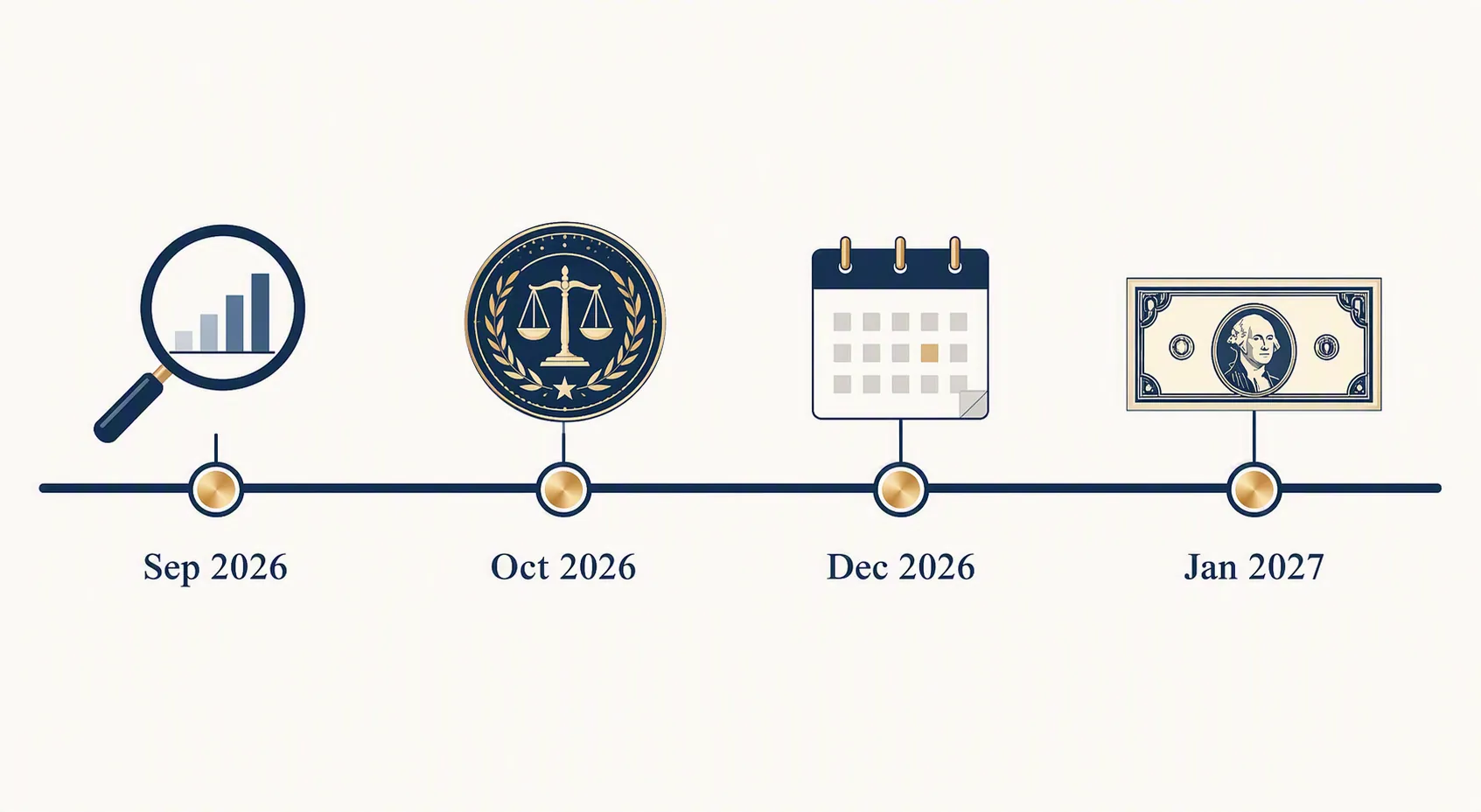 Timeline with milestones for September 2026 CPI-W data, October 2026 announcement, December 2026 effective month, and January 2027 payment