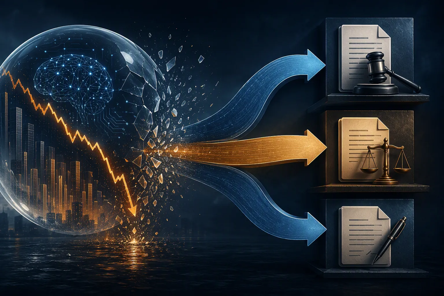 Three legal risk channels diverging from a descending market graph toward separate legal documents