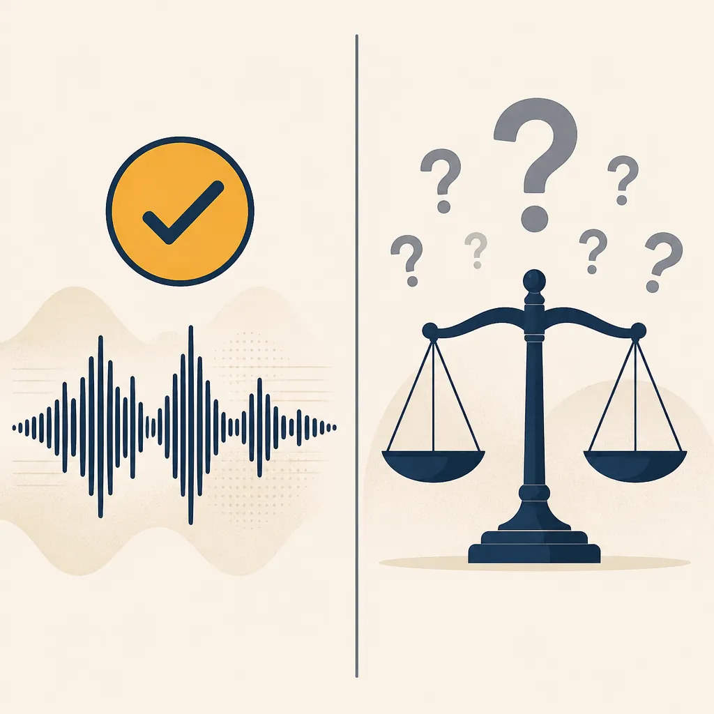 Voiceprint checkmark beside scales of justice with unanswered legal questions