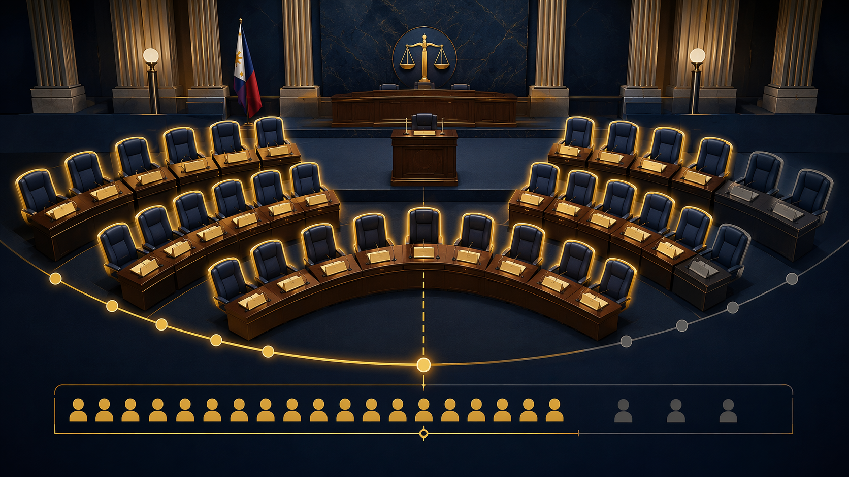 Philippine Senate impeachment conviction mechanics showing 24 senator-judge seats, three unavailable seats, and the contested two-thirds threshold