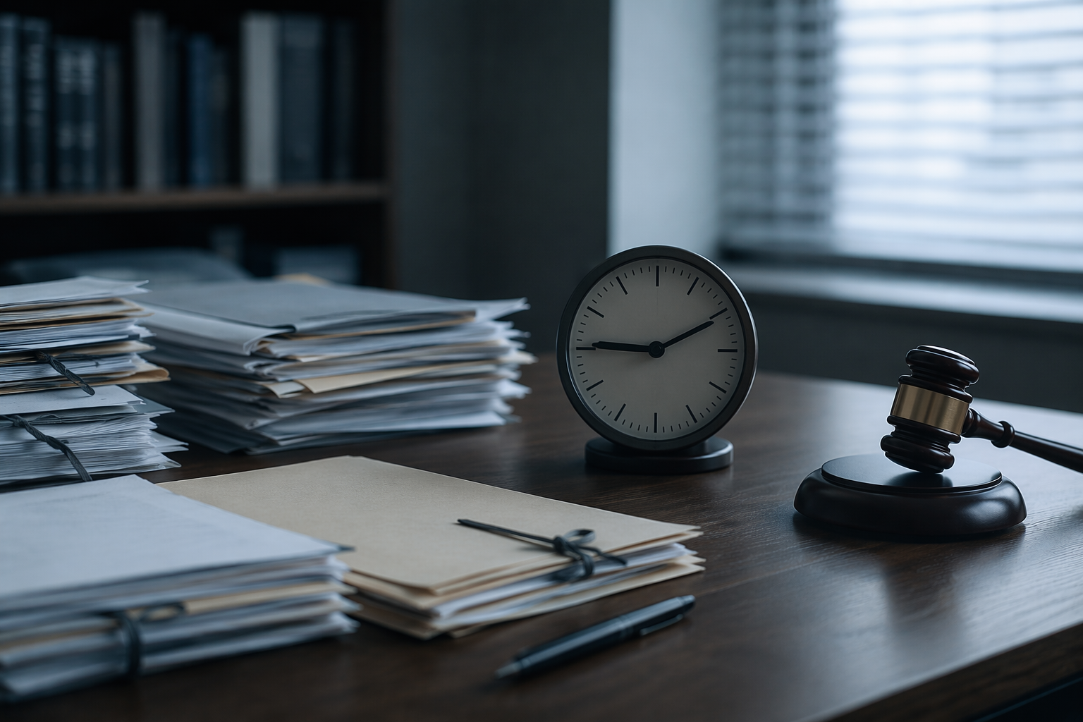 Legal case files, a paused clock, and a gavel on a desk suggesting an interrupted legal process