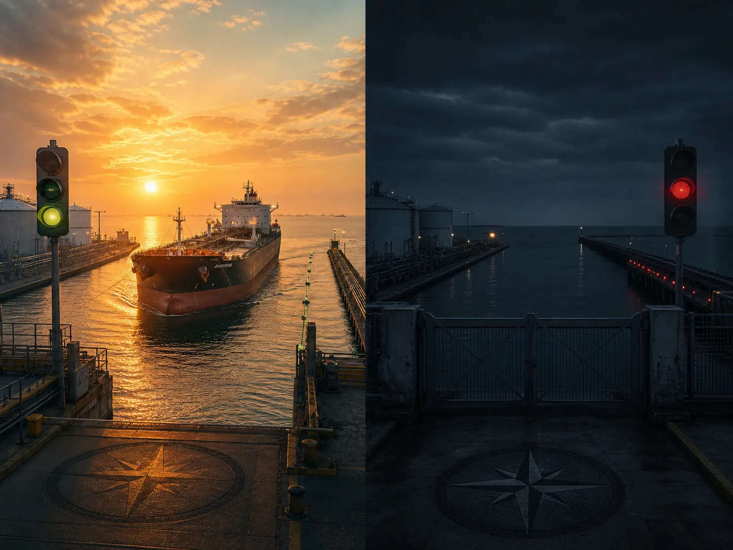 Split view of an oil port with an open berth under green light and a closed berth under red light