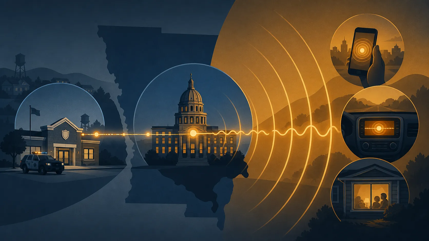 Local station, state hub, and public notification channels sending alert waves to phones, cars, and homes