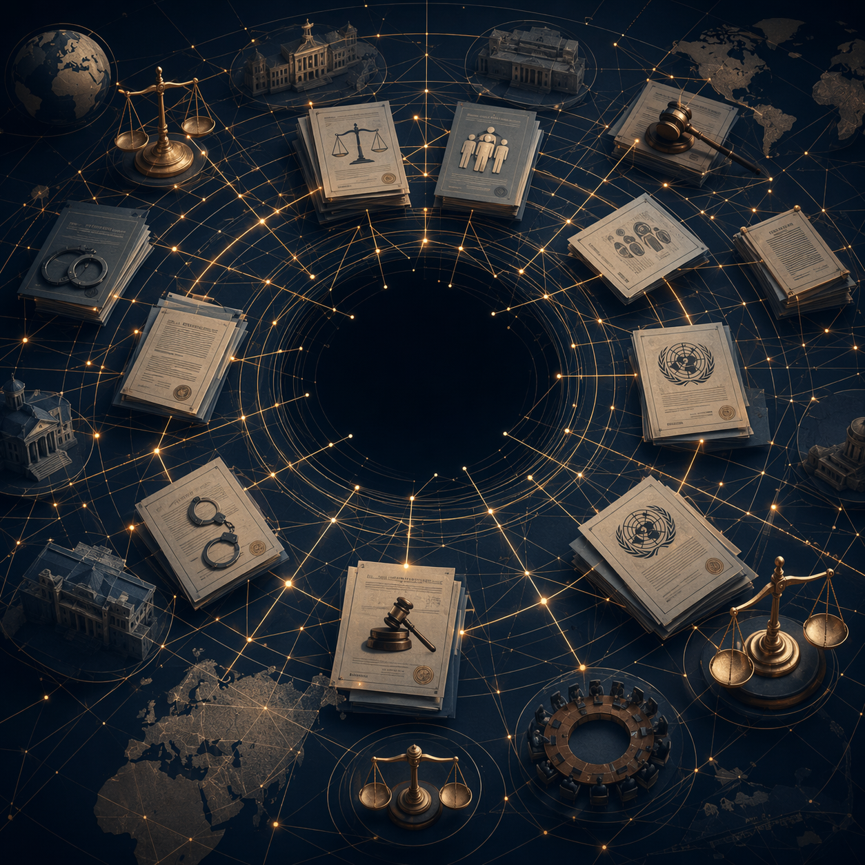 Concentric legal instruments connected by threads that do not reach the central figure