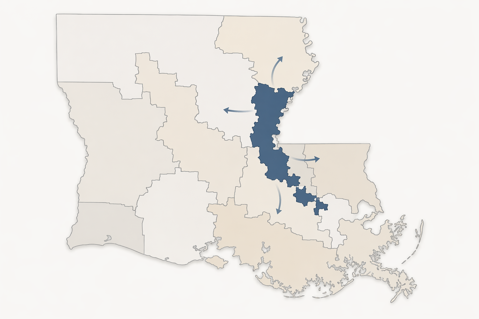 Stylized Louisiana congressional map with one district being redistributed into neighboring districts