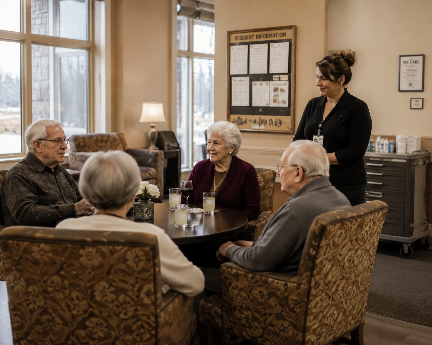 Assisted living common room with residents, drinks, staff supervision, and a medication cart in the background