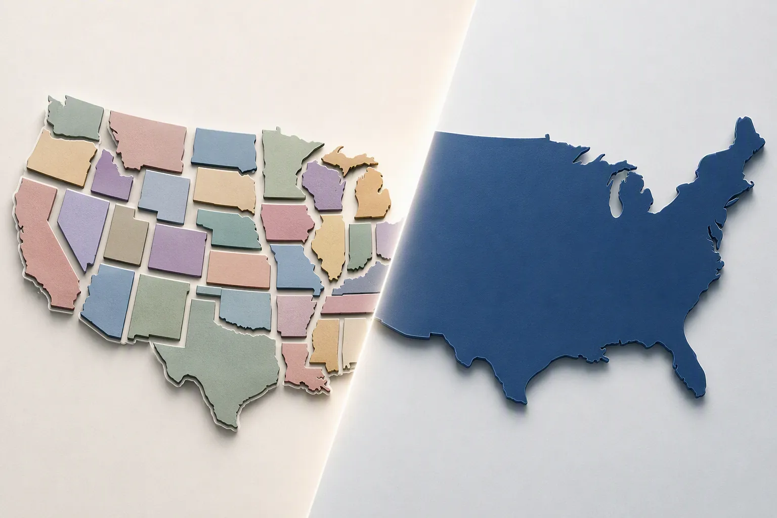 Conceptual United States map split between scattered state blocks and a unified federal framework