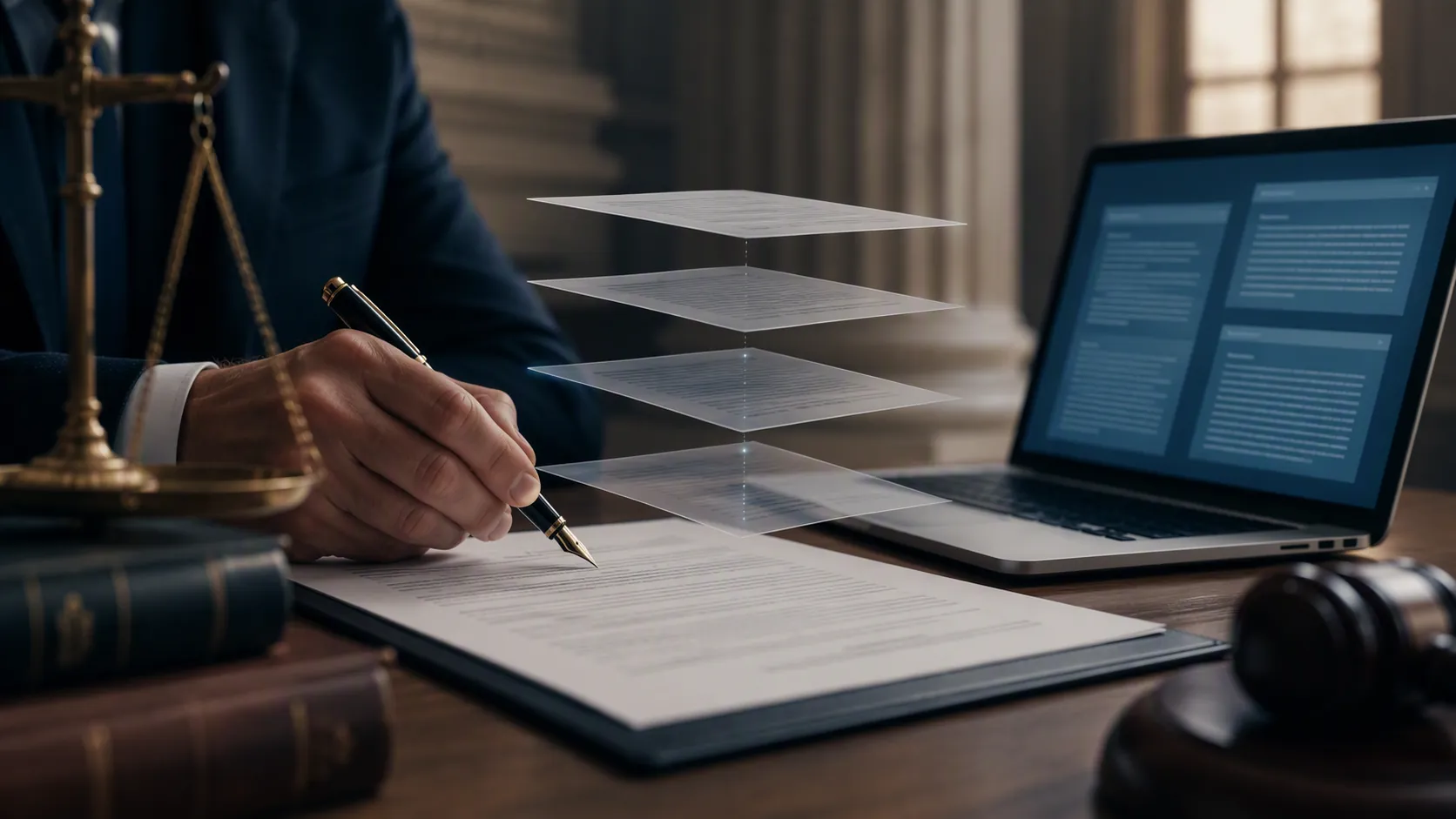 Legal pleading beside a laptop showing abstract AI-generated text with layered review sheets and a courthouse column in the background