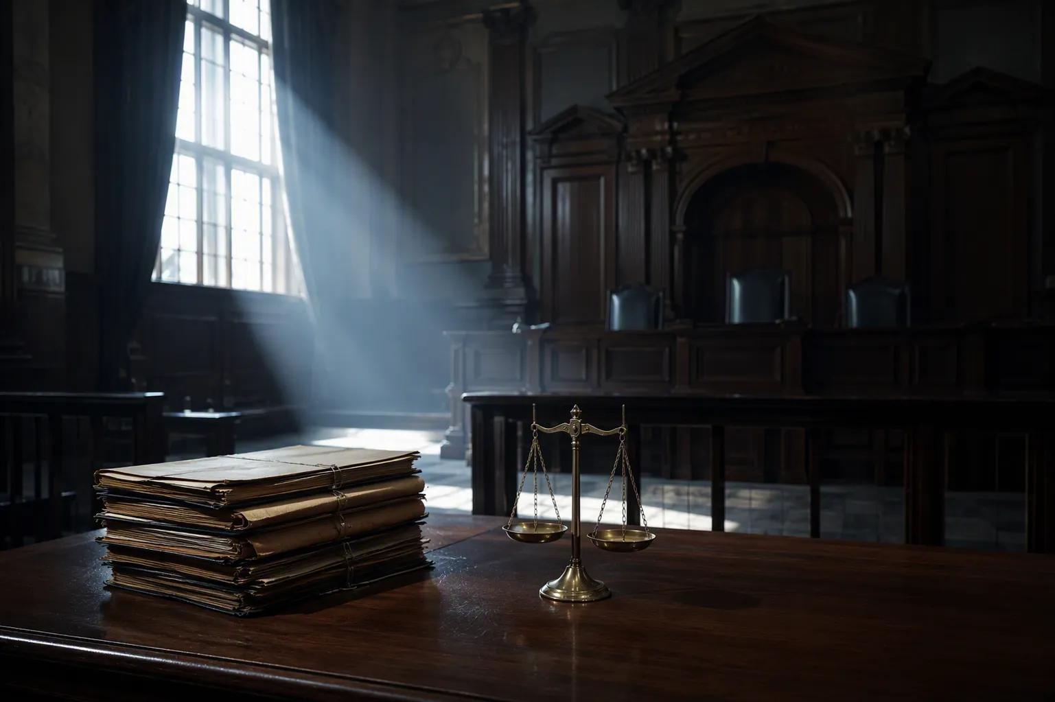 Empty high-court courtroom with case files and a brass balance scale on the counsel table