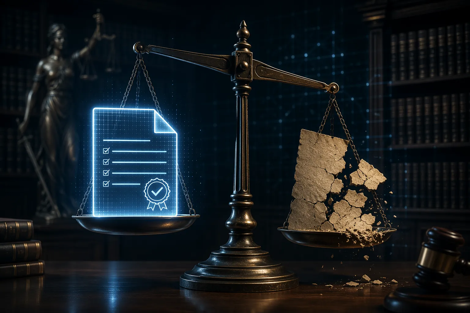 Justice scale comparing vendor claims with weakened independent benchmarks