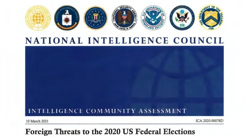 Scanned page of the March 2021 Intelligence Community assessment on foreign threats to the 2020 US federal elections