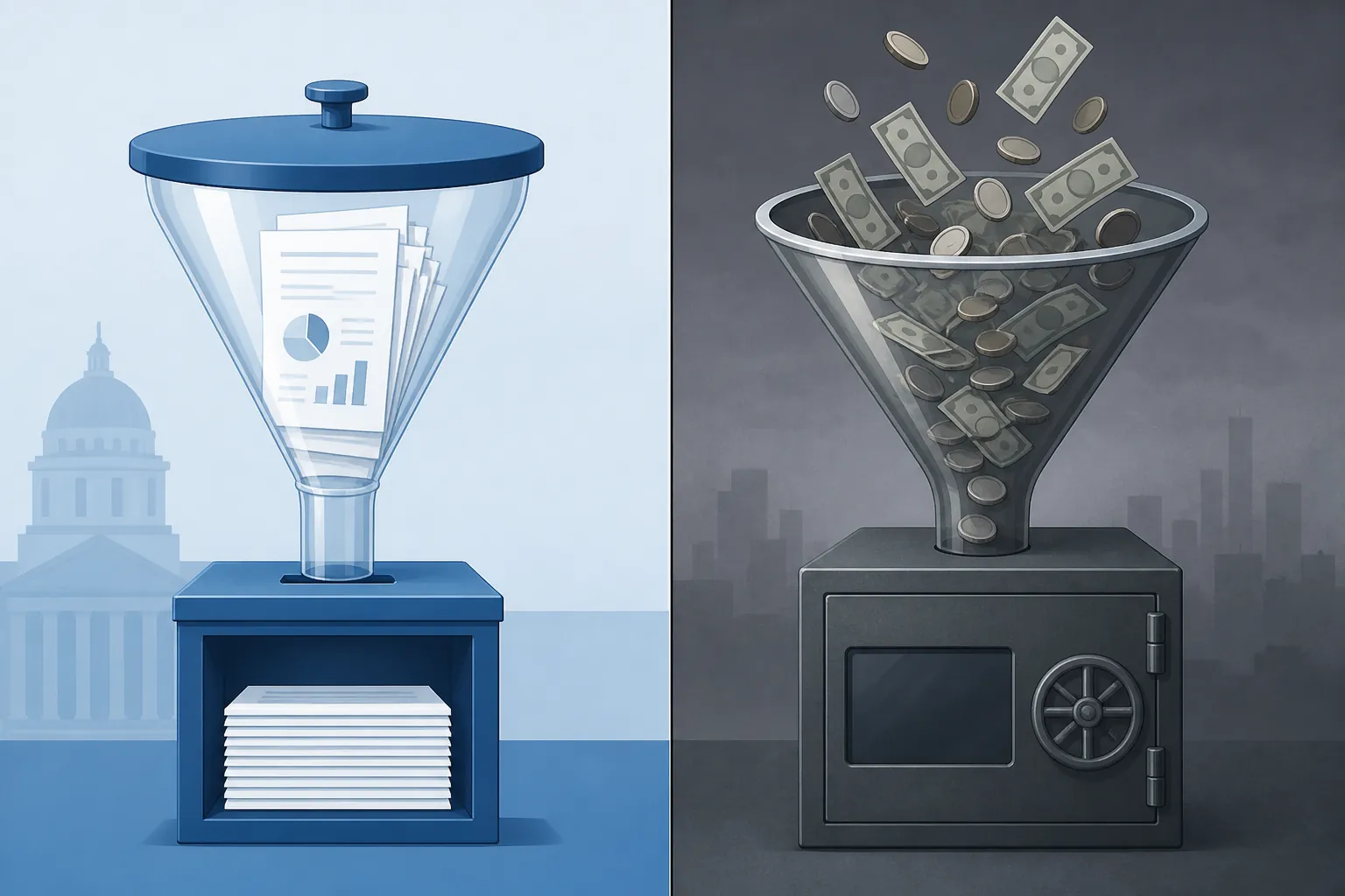 Illustration contrasting a capped transparent reporting funnel with an uncapped sealed fundraising vault