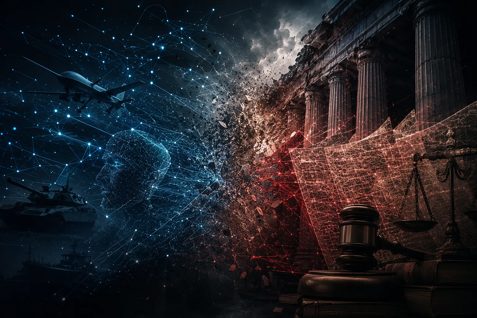 Interconnected digital neural networks intersecting with legal columns and treaty document outlines