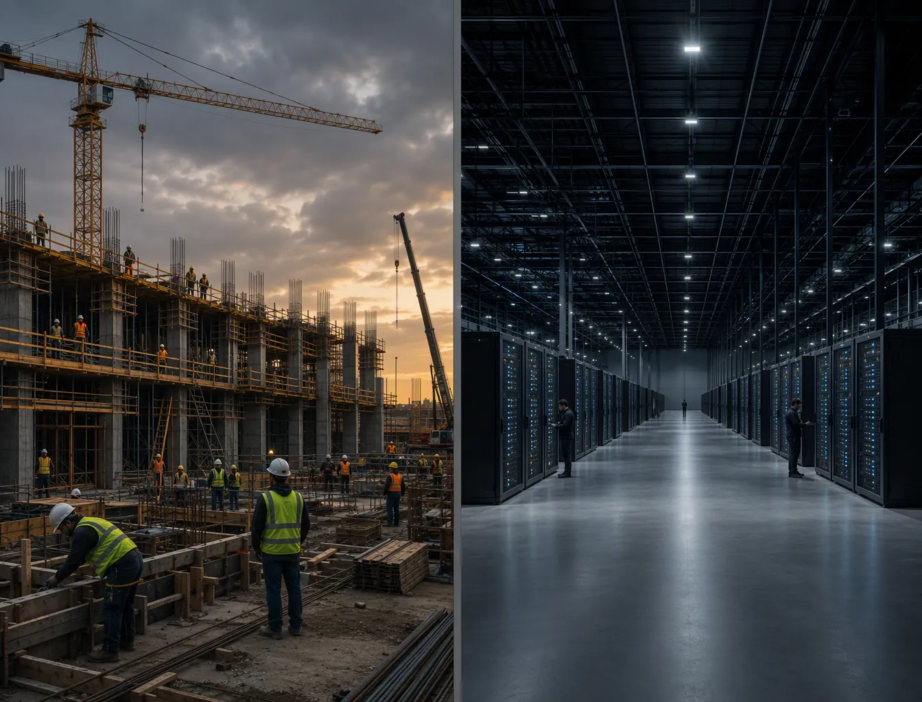 Split view of a busy data center construction site and a completed server hall with only a few technicians