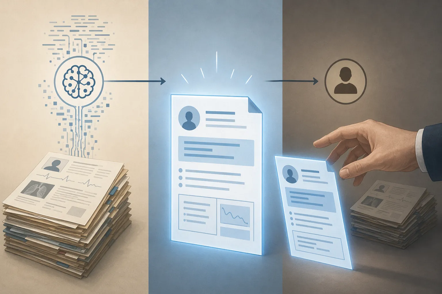 Medical records processed through NLP into a summary that an adjudicator sees before the original records