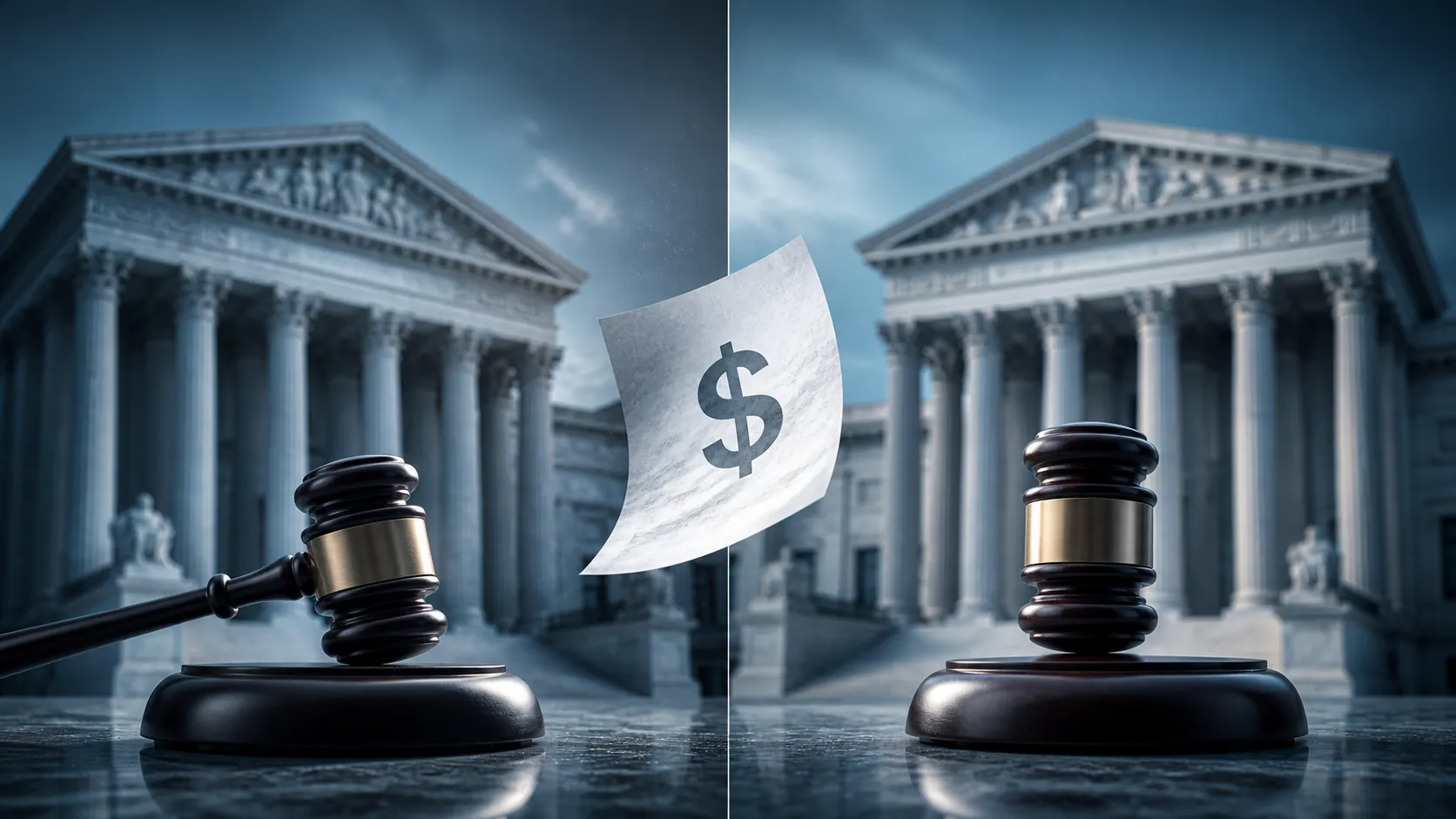 Two courthouse facades divided by a document with a dollar sign, representing split rulings on the H-1B fee