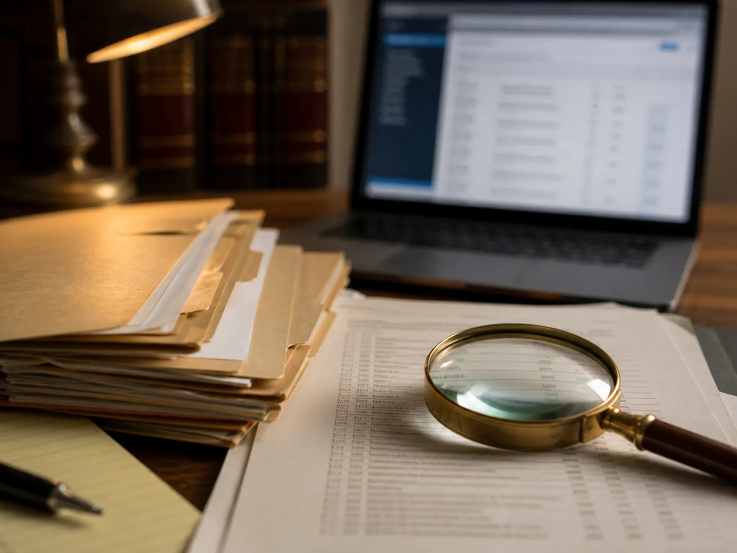 Legal case file, printed docket page, magnifying glass, and courthouse records search used to verify a ruling