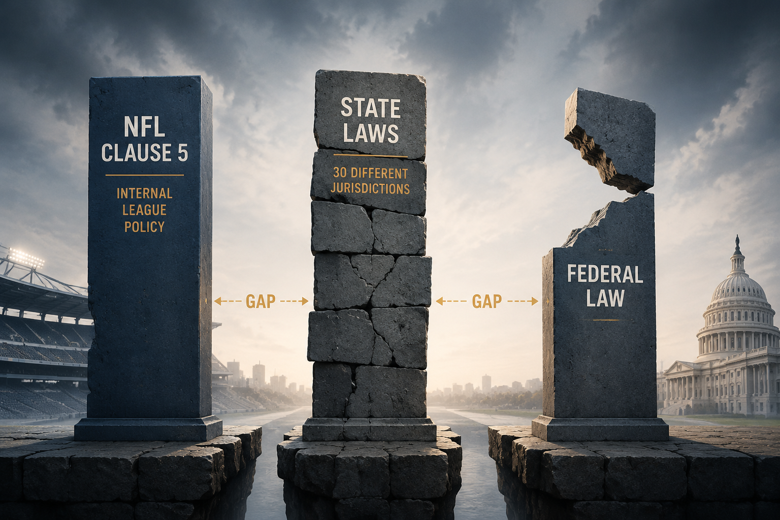 Three uneven pillars representing NFL internal enforcement, state-law patchwork, and incomplete federal law, with a highlighted enforcement gap between them.