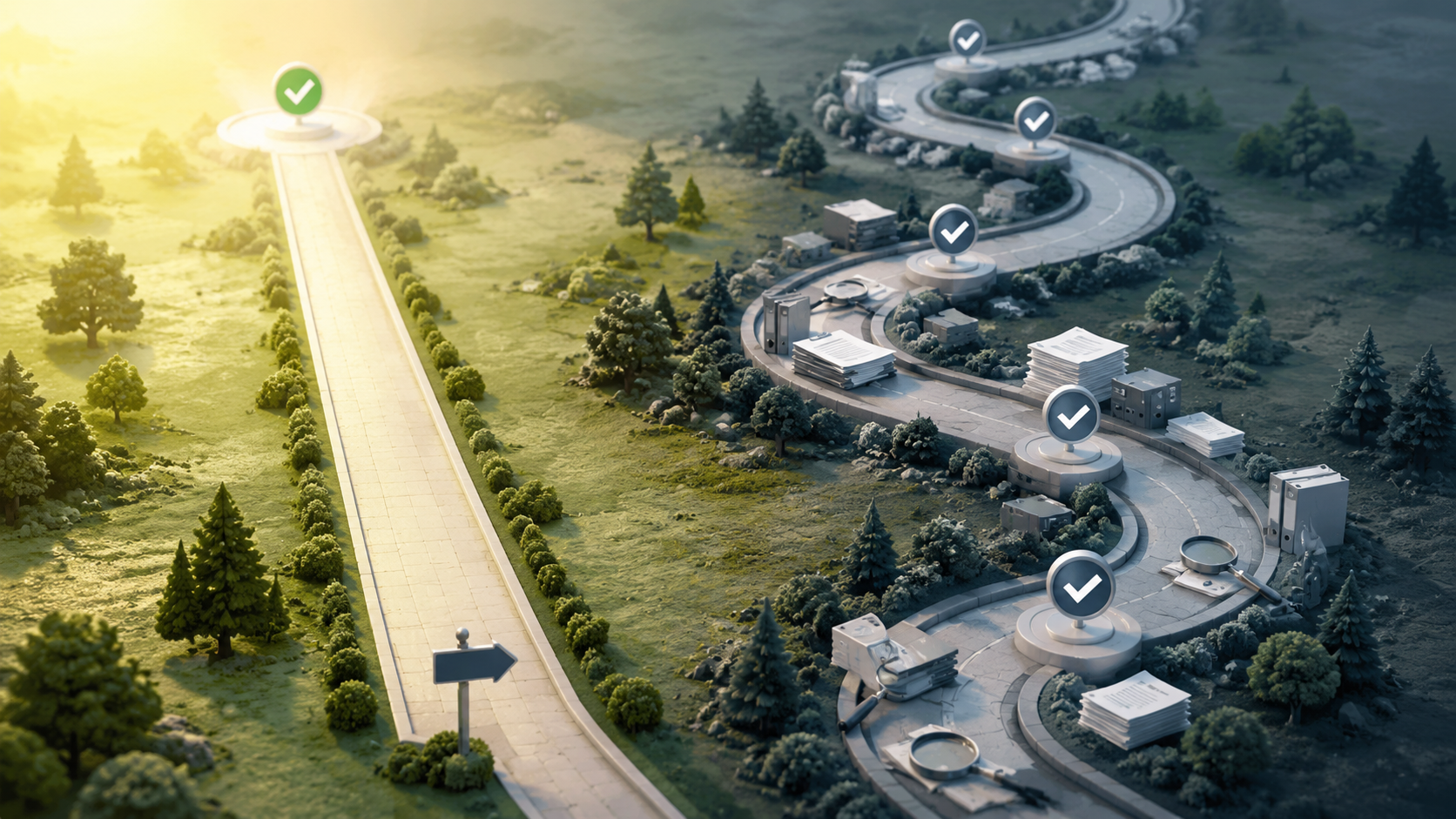 Two processing paths, one short and direct and one longer with checkpoints and document reviews