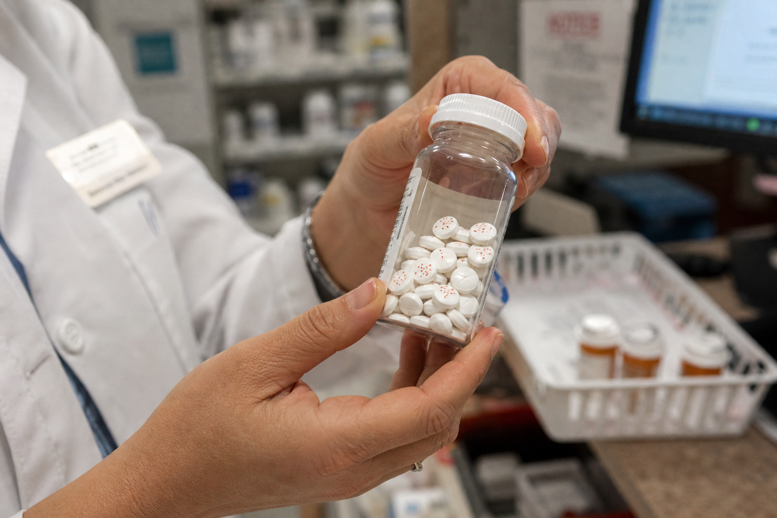 Pharmacy technician holding a prescription bottle of white tablets with red discolored dots