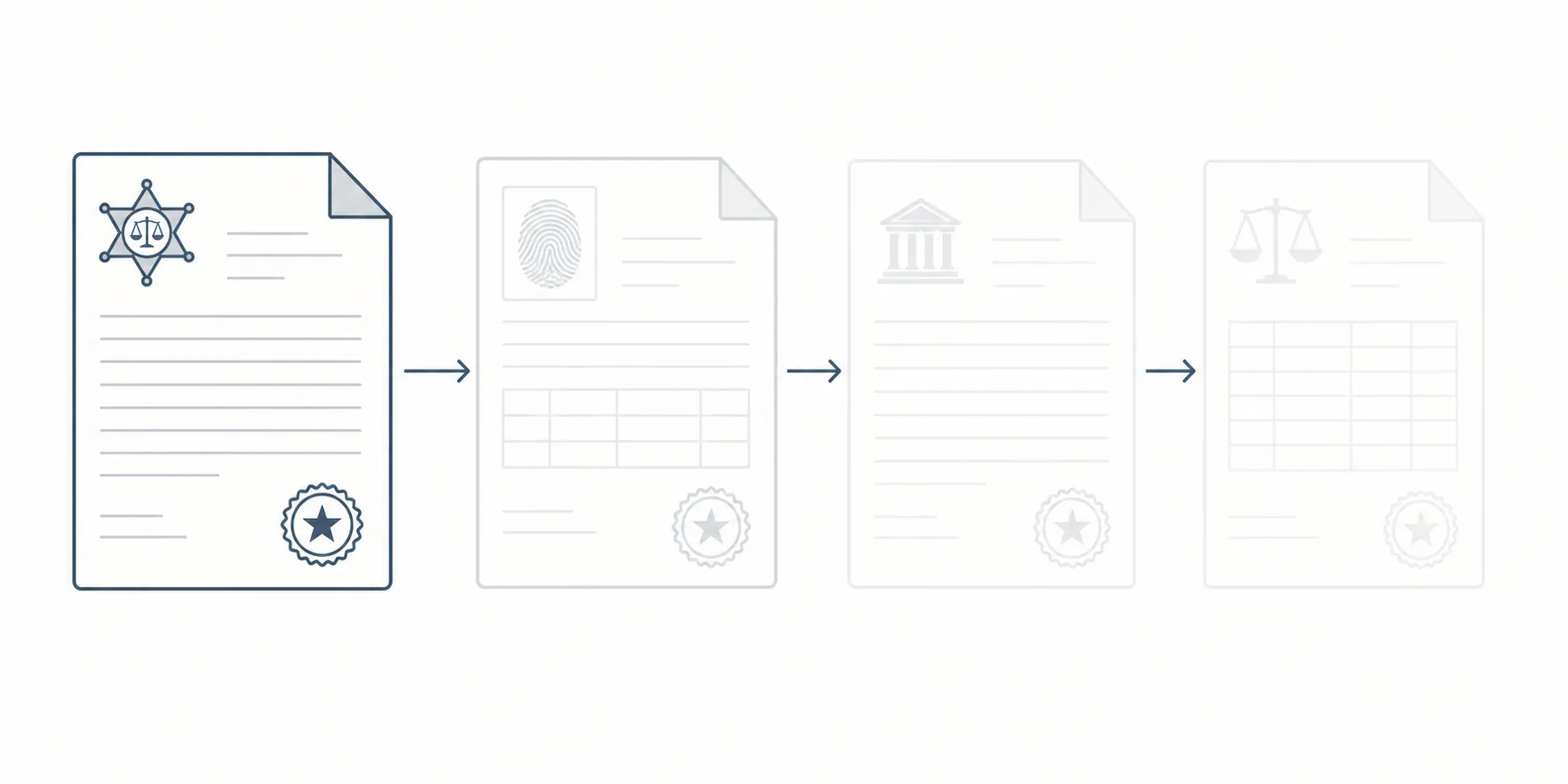 Illustration of a warrant form, booking sheet, criminal complaint, and court docket fading along a record trail