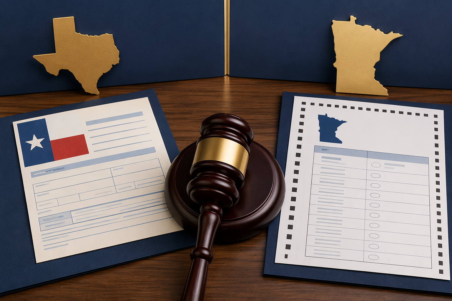 Texas voter registration card, Minnesota election ballot, and gavel on a desk
