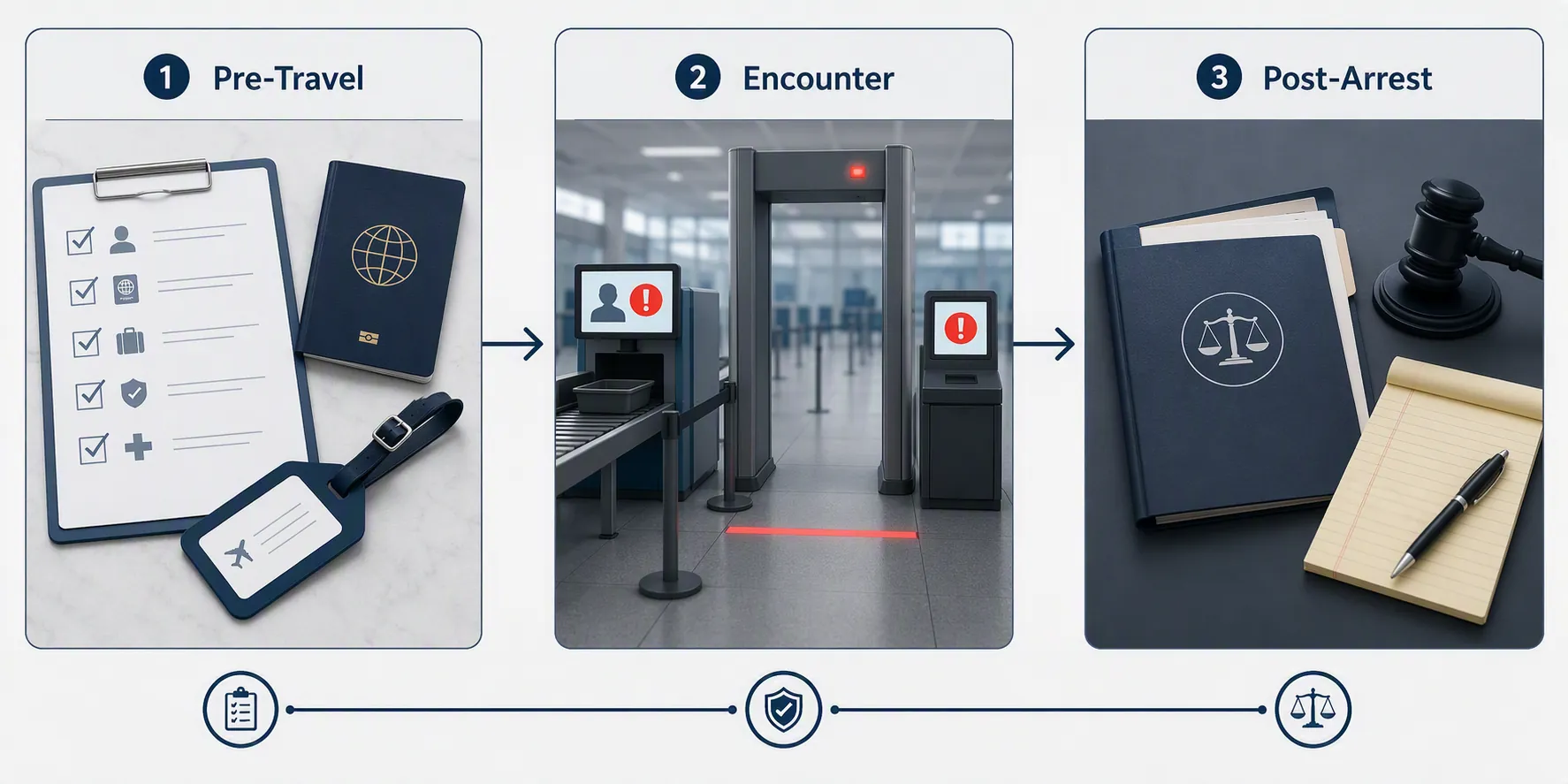 Three-stage process diagram showing pre-travel documents, airport encounter, and post-arrest legal response