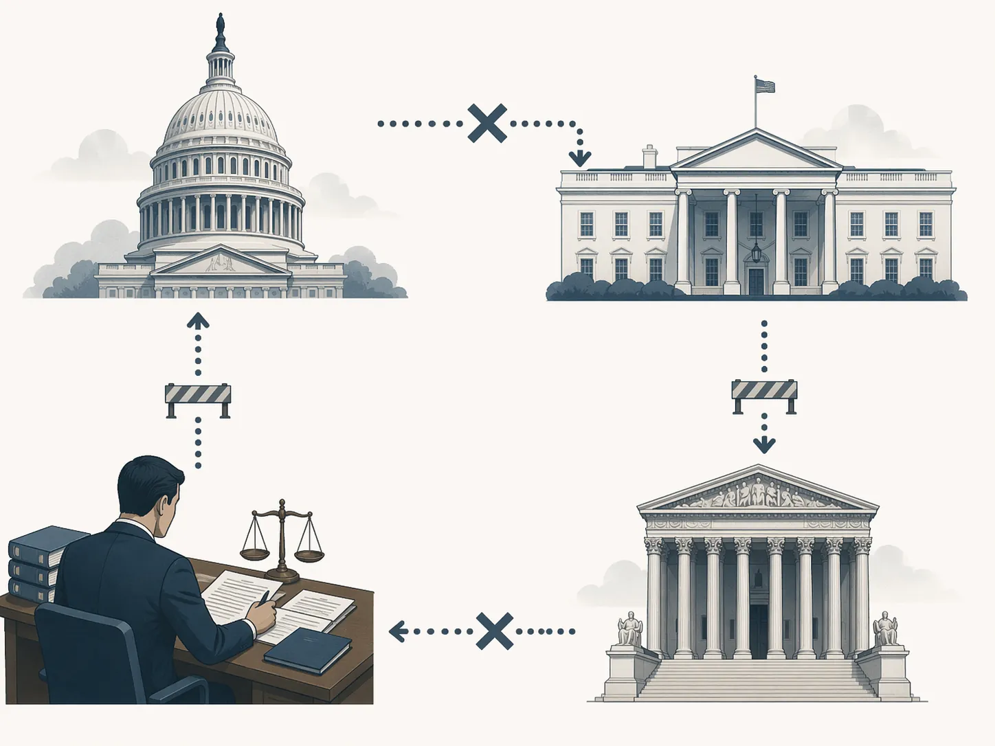 Diagram of Congress, the executive branch, the judiciary, and legal practitioners connected by broken and dotted arrows
