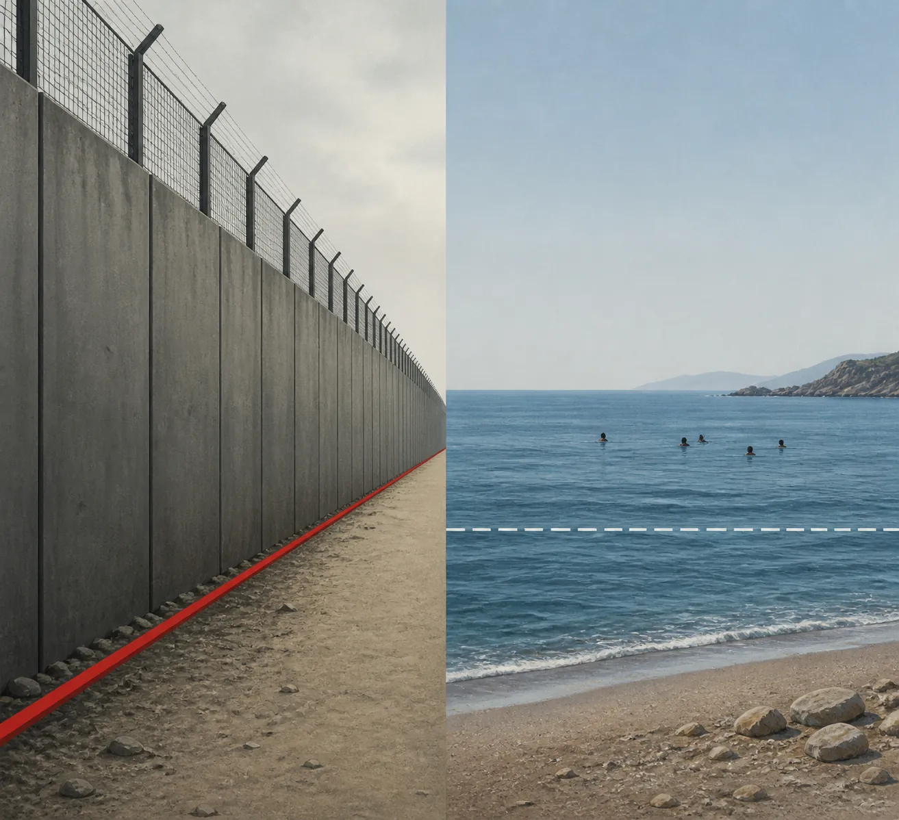 Split illustration of a land border wall and an open sea with different legal threshold lines