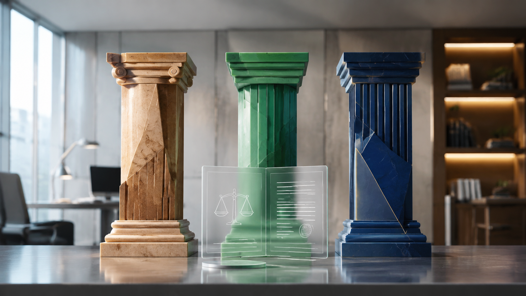 Three abstract architectural pillars beside a floating legal document, representing a legal AI model comparison framework