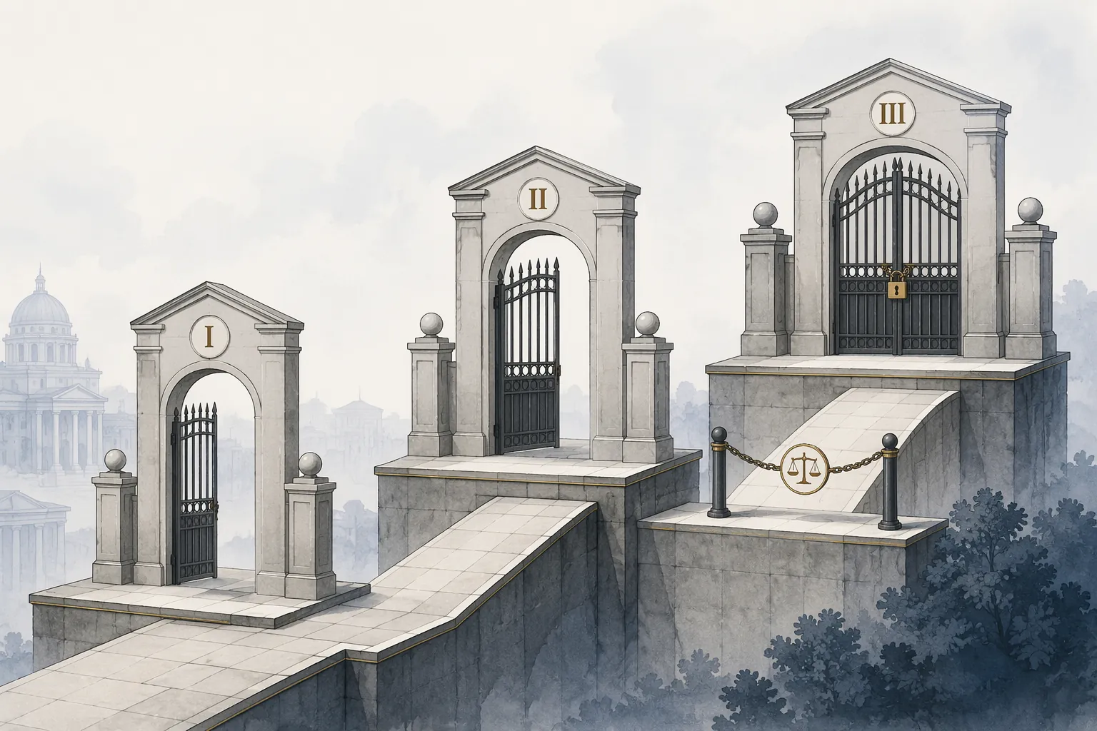 Three gated platforms representing separate legal stages before final authorization