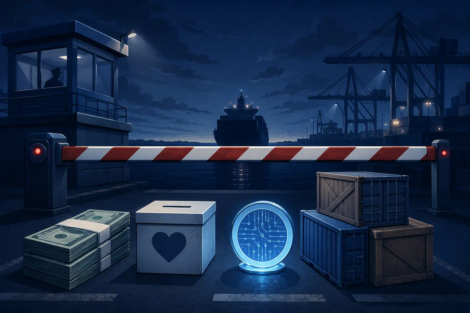 Maritime checkpoint barrier blocking cash, a charity box, a digital coin, and cargo crates