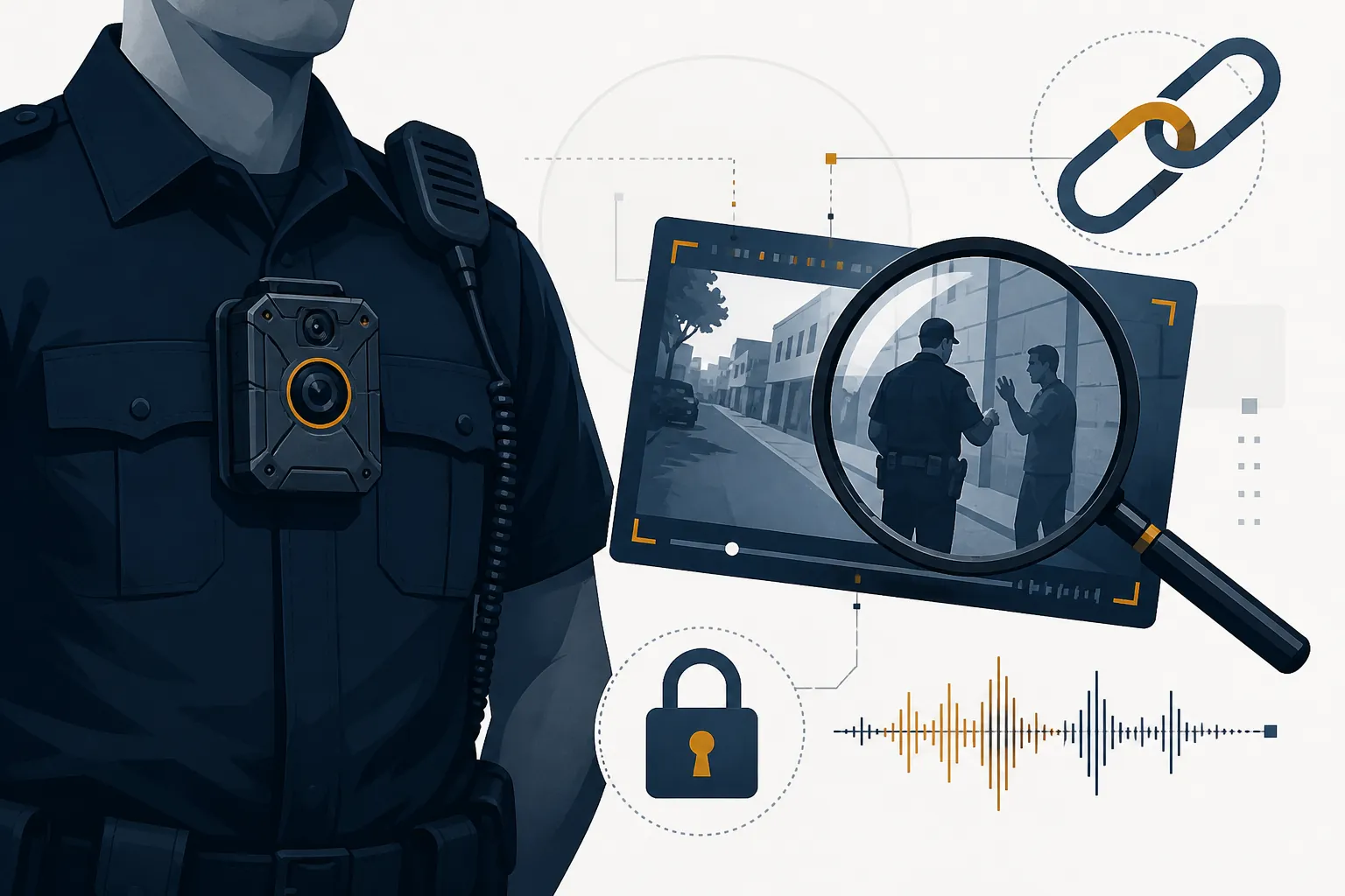 Police body-worn camera footage examined with forensic evidence symbols
