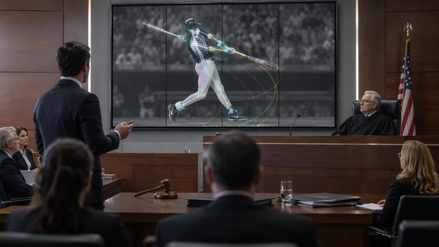 Courtroom display showing motion-tracking joint angles over a baseball swing video