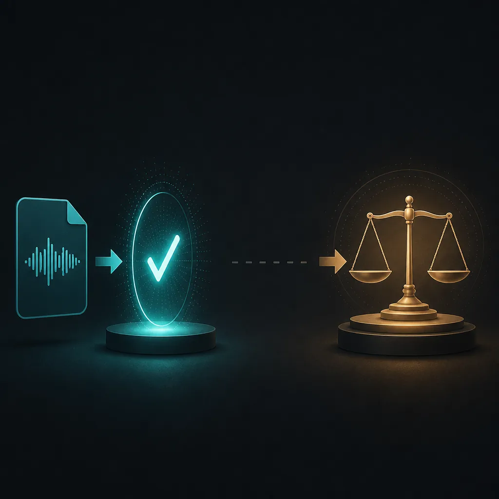 A sound-file icon passing through verification before a separate gap leads to scales of justice