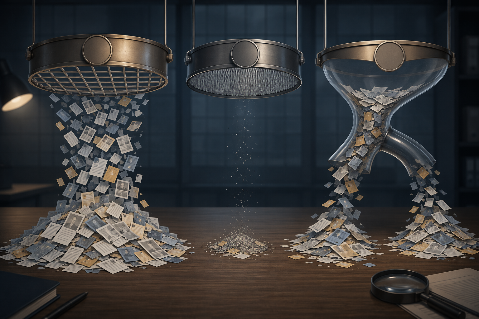 Three different sieves and a funnel positioned over the same pile of evidence documents