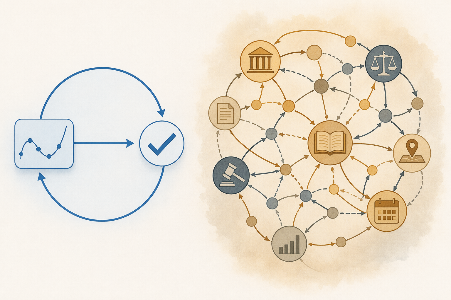 Diagram comparing mathematical verification as a closed loop with legal research verification as a branching network