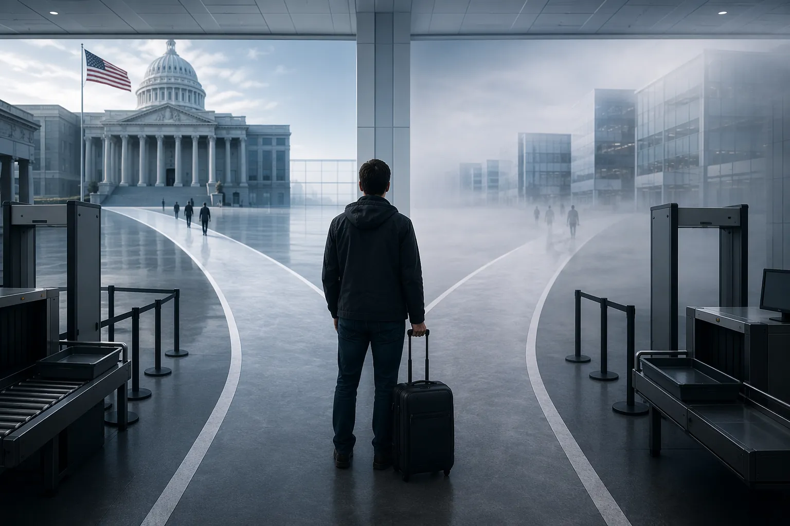 Airport security checkpoint splitting into a federal courthouse path and an uncertain private path