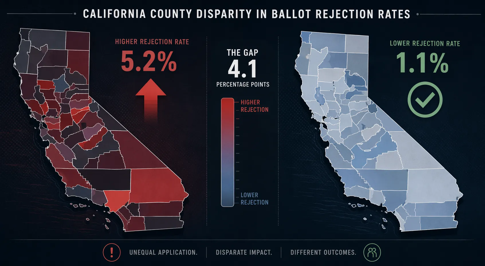 Contrasting California county map segments showing a gap in mail ballot rejection outcomes