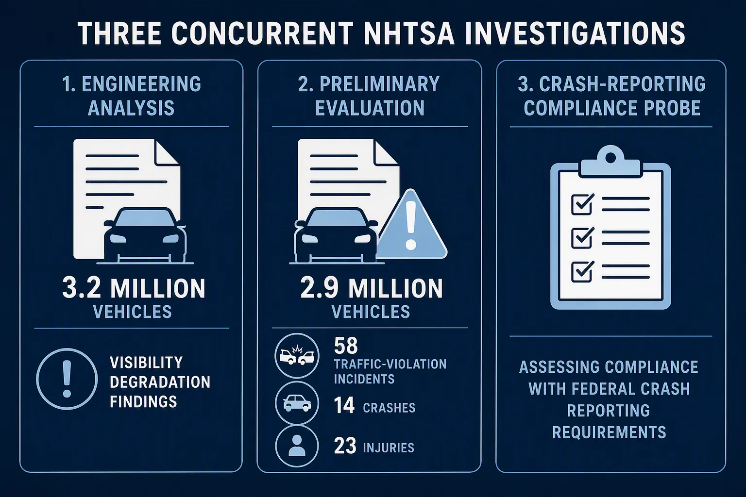 Three-panel graphic summarizing NHTSA Tesla Full Self-Driving investigations covering visibility degradation, traffic-violation incidents, and crash-reporting compliance