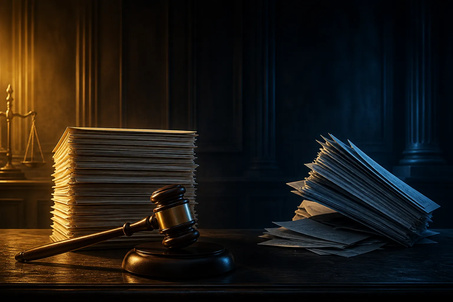 A judge's gavel beside upright and knocked-over stacks of legal documents in contrasting light