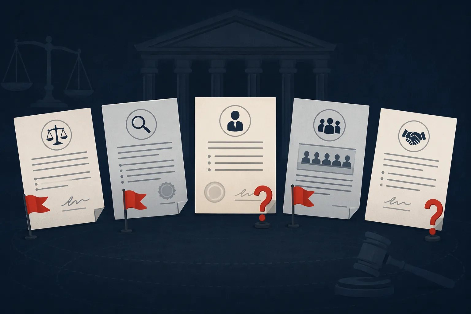 Indictment, search warrant, subpoena, grand jury document, and plea agreement marked with red flags