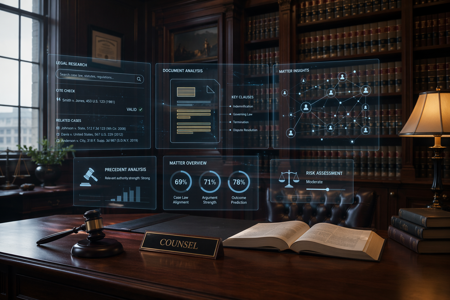 A professional law library interior with wood-paneled shelves and leather-bound books. Translucent holographic data overlays float above a mahogany desk, showing connection nodes, a gavel icon, a contract with highlighted clauses, a search bar with citation marks, a scale of justice, and three glass-panel displays reading 69%, 71%, and 78% in slate blue.