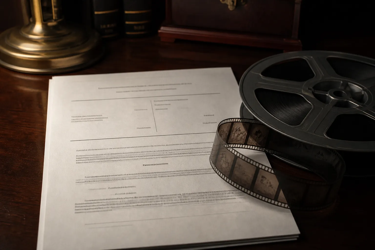 Legal complaint document with a case caption overlapped by a translucent film reel on a dark desk